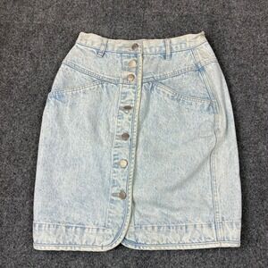 Vintage Nuovo Acid Wash Denim Mini Skirt Button Front High Waist Blue Size 9